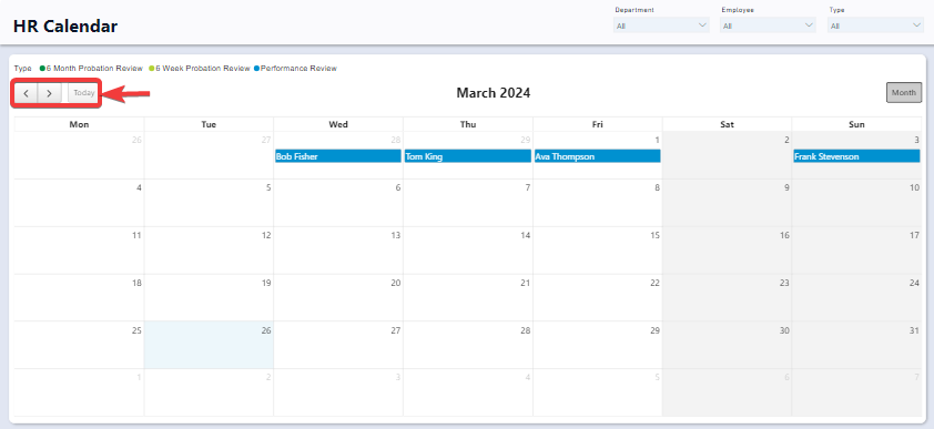 Where to locate the left, right, and today buttons for navigating through the HR calendar